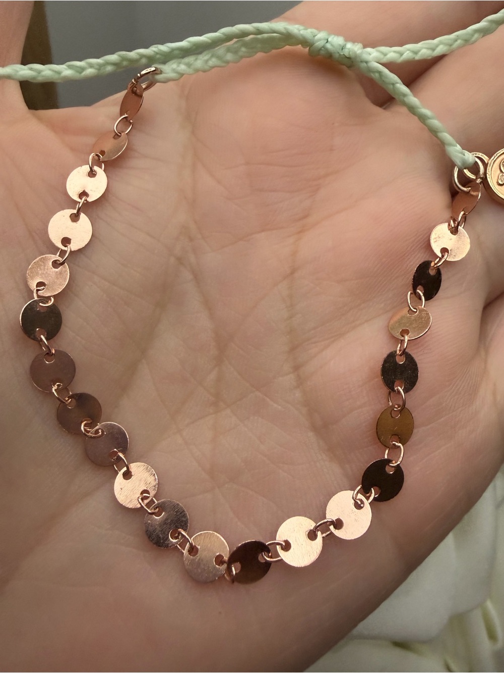 Rose Gold Disc Bracelet with Mint Cord - Women Jewelry - Picture 2 of 4